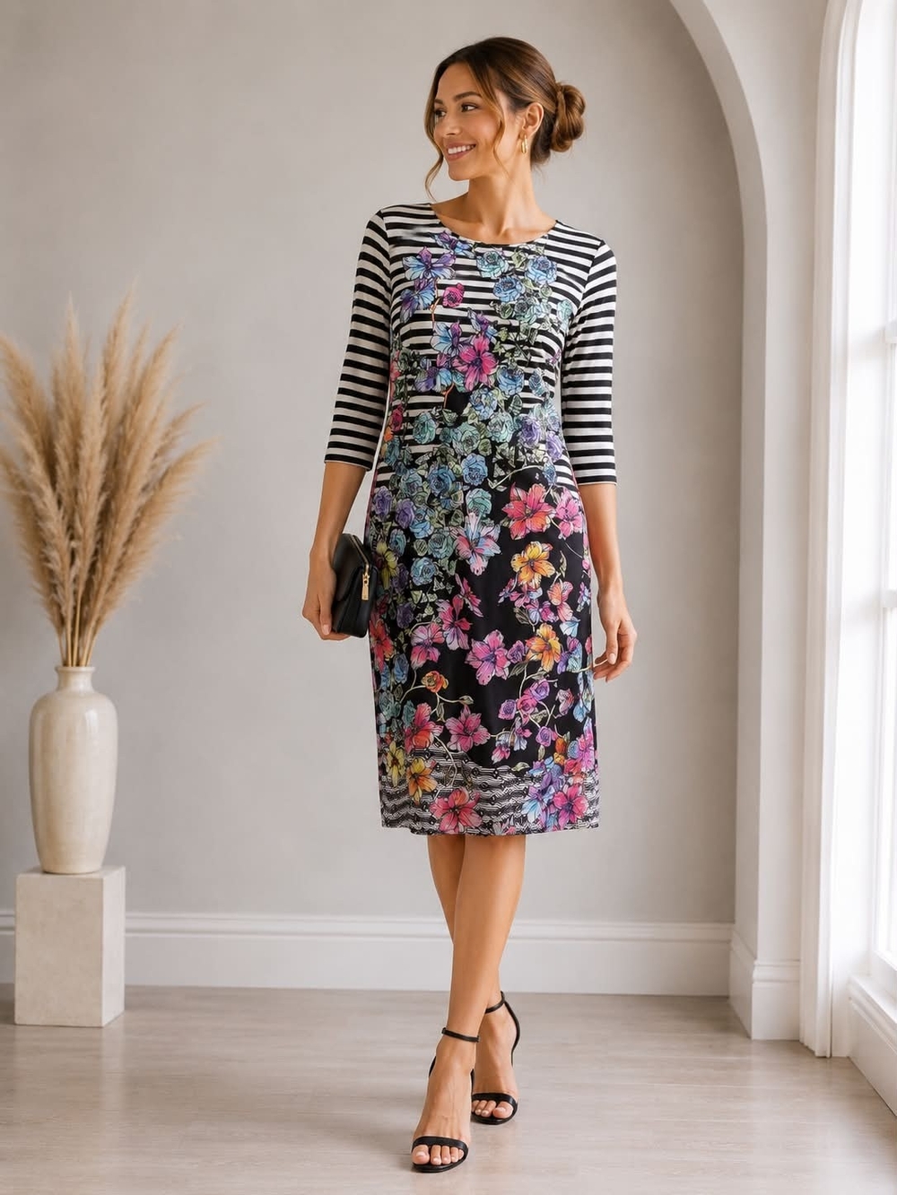 ECI Black Striped Bodice Floral Midi Dress